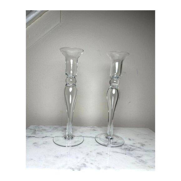 Vintage Glass Candle Holders Set Of 2 Clear Tall Elegant Design Taper Candle 10" - Picture 4 of 5